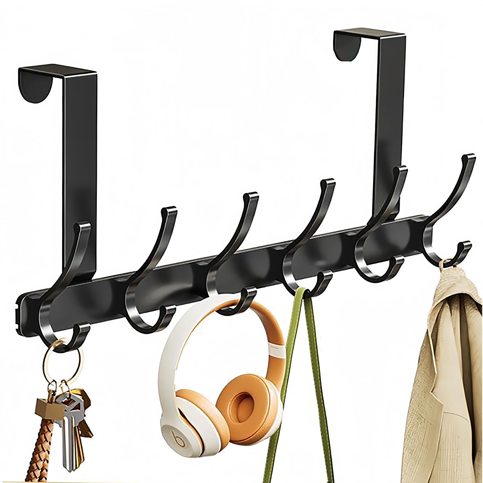 AMAHAY Over Door Hanger, Heavy Duty Over Door Hooks Stainless Steel Over Door Coat Hooks, Space Saving Over Door Organizer Rack Door Hanger Storage for Hanging Coats, Towels - 6 Hooks (Black)