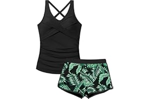 DONWEN Girls Tankini Swimsuits 2 Piece Criss Cross Ruched Swimwear Printed Swim Shorts Girl Bathing Suit for 9-16 Years