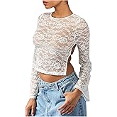 SOLY HUX Women's Floral Lace Long Sleeve Crop Top Tie Backless Fitted T Shirts Party Clubwear