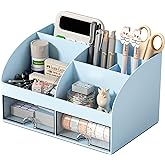 COMFYROOM Desk Organizer with 6 Compartments and 2 Drawers, Plastic Makeup Organizer, Pen Holder for Desktop Storage, Desk Organization for School, Home, Office Supplies (Blue)