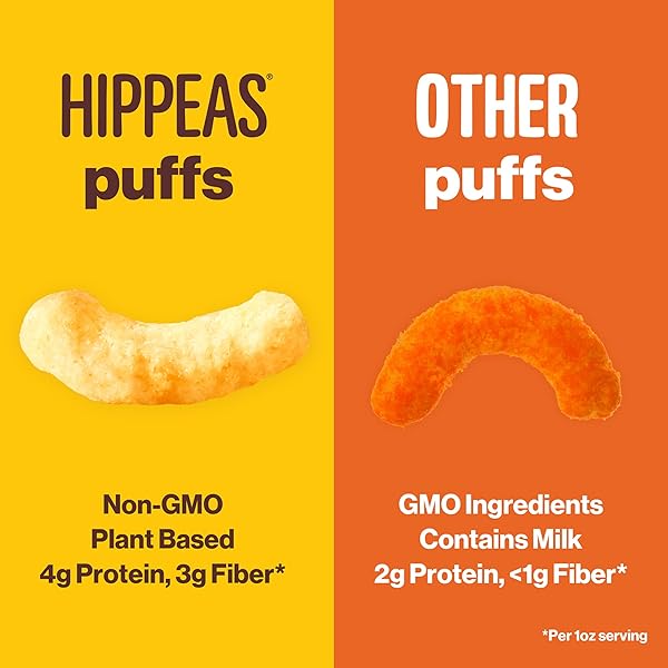 HIPPEAS CHICKPEA PUFFS, GROOVY WHITE CHEDDAR, GLUTEN FREE SNACKS, DAIRY FREE, VEGAN, 8OZ BAG, 3G PROTEIN, 2G FIBER, CRUNCHY, NUTRITIOUS, BAKED PLANT PROTEIN SNACK, NON-GMO, KOSHER