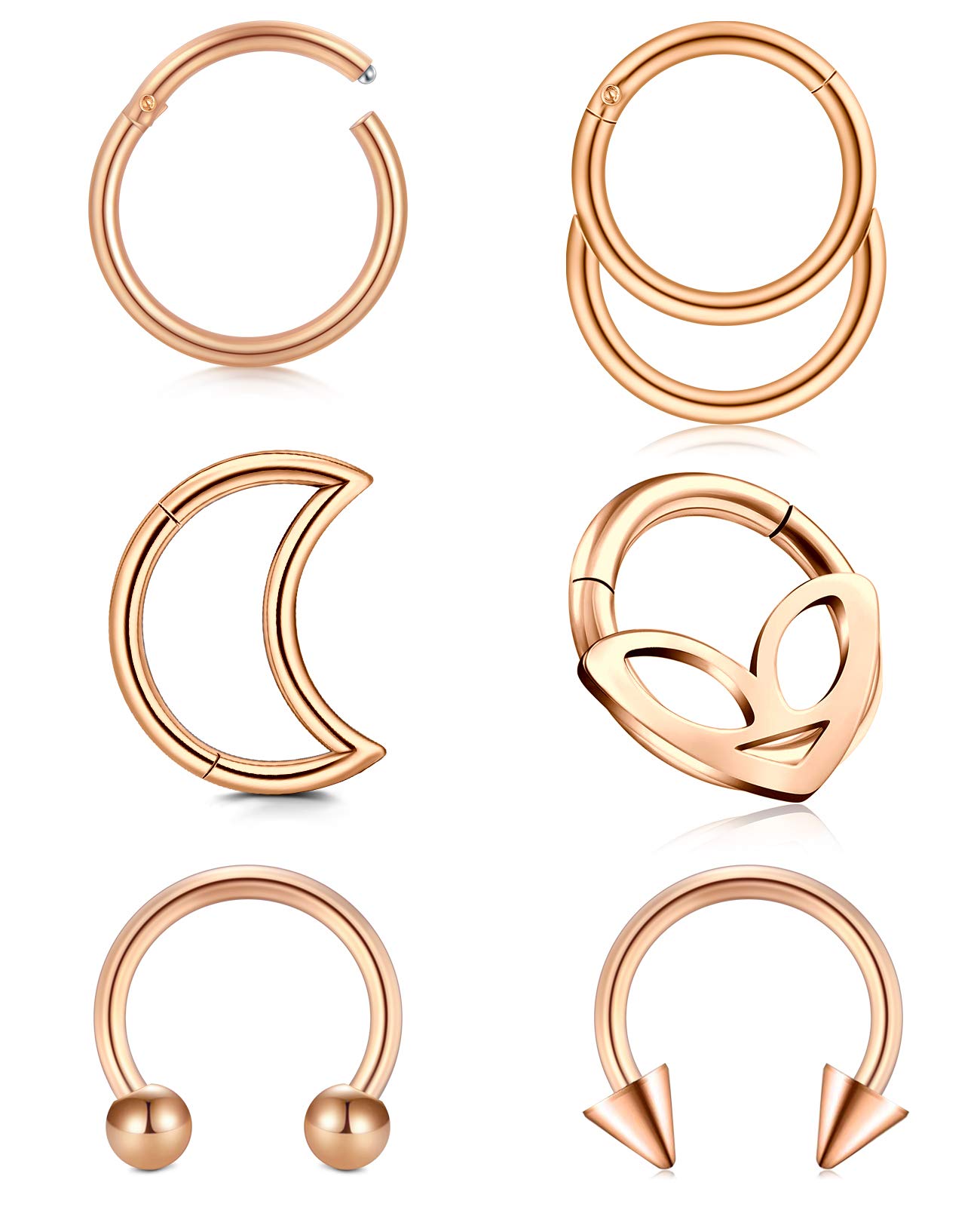 AVYRING 6PCS Septum Rings Stainless Steel Horseshoe Moon Nose Ring Hoop Hinged Clicker Cartilage Helix Earrings Piercing for Women Men 16G - Rosegold
