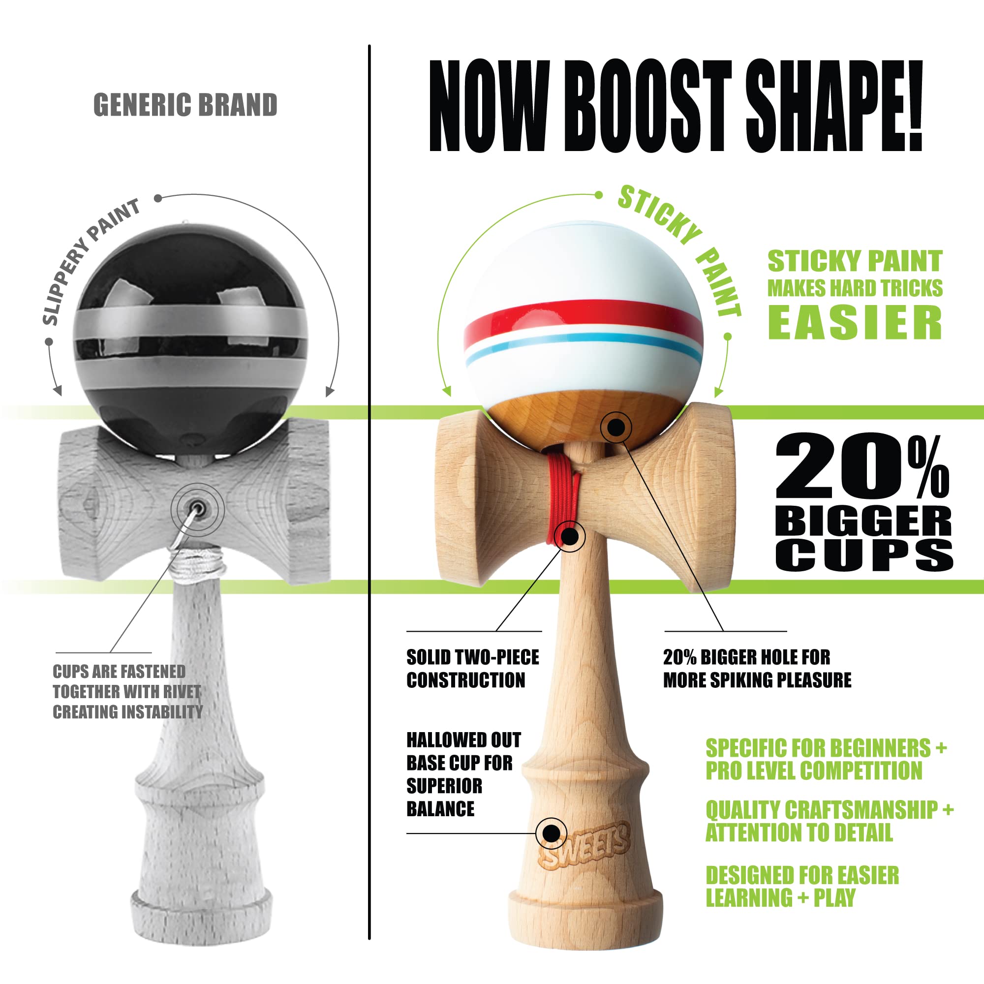 Sweets Kendamas Boost Sport Stripe Kendama - Sticky Paint, Improves Hand Eye Coordination, Reflexes, Stripe Design, Extra String Accessory Gift Bundle (Racer)