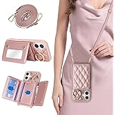 DEYHU for iPhone 16 Case with Card Holder and Strap for Women,Crossbody Lanyard, Make Up Mirror,Ring Stand,Snap Clasp,Cute Phone Wallet Cases 6.1 inch - Dark Rose Gold