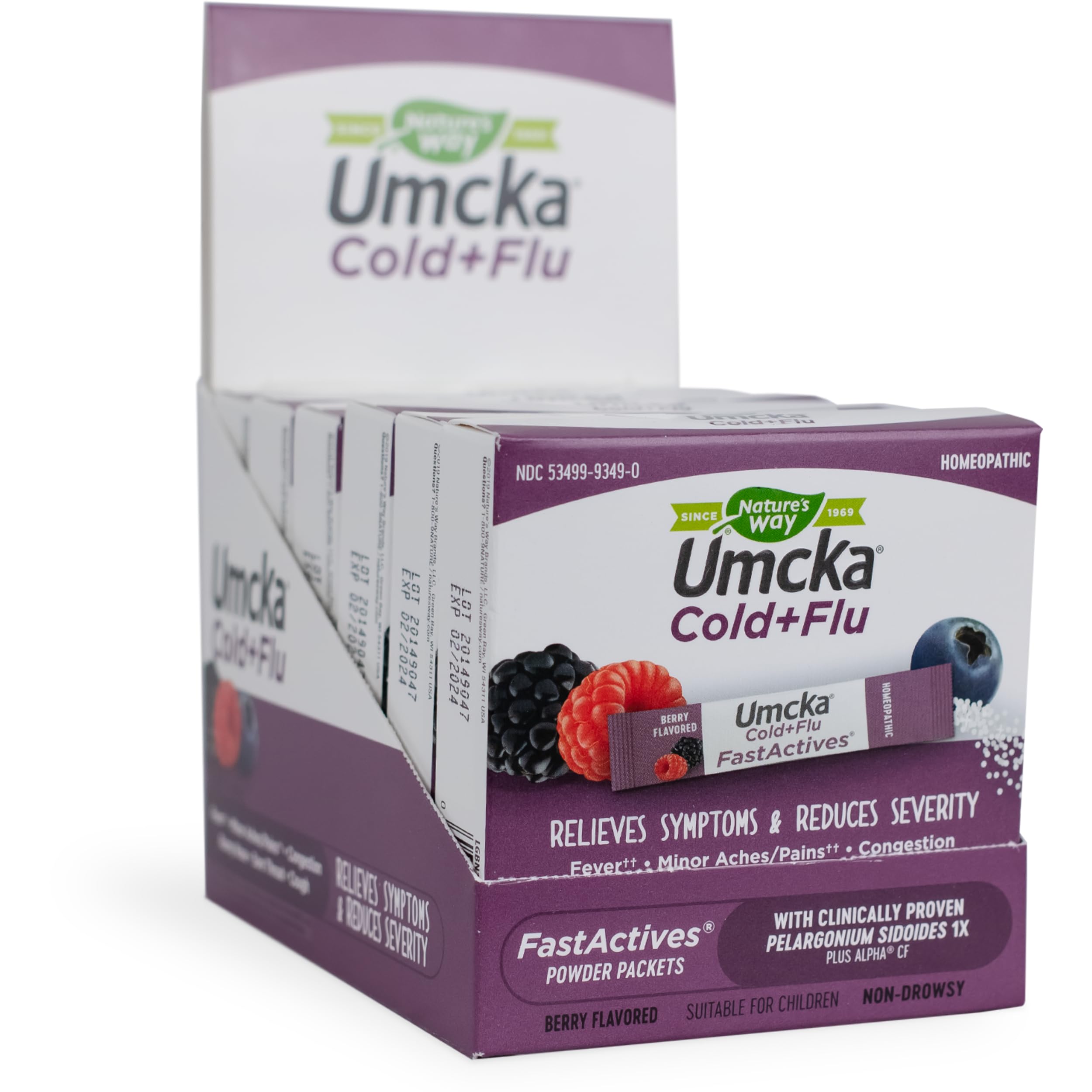 Nature’s Way Cold + Flu Relief FastActives, Umcka, Homeopathic, Fever*, Sore Throat, Cough, Congestion, Body Aches*, Phenylephrine Free, Non-Drowsy, Berry Flavored, 60 Packets (Packaging May Vary)