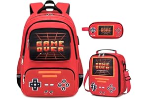 ACESAK Gamer Backpack for Boys - Cool Luminous School Bag with Lunch Bag Pencil Case - Kids Boys Backpack Elementary Middle School Book Bags for Teen with USB Charging Port (Red