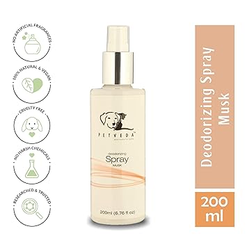 Petveda Musk Deodorant Spray | Deodorizing Spray for Dogs and Cats | Long Lasting Fragrance to Refresh | Ideal for Daily Use | All Coat Types| Petveda Ayurvedic Pet Care | Alcohol Free |SLES & Paraben Free - 200 ml