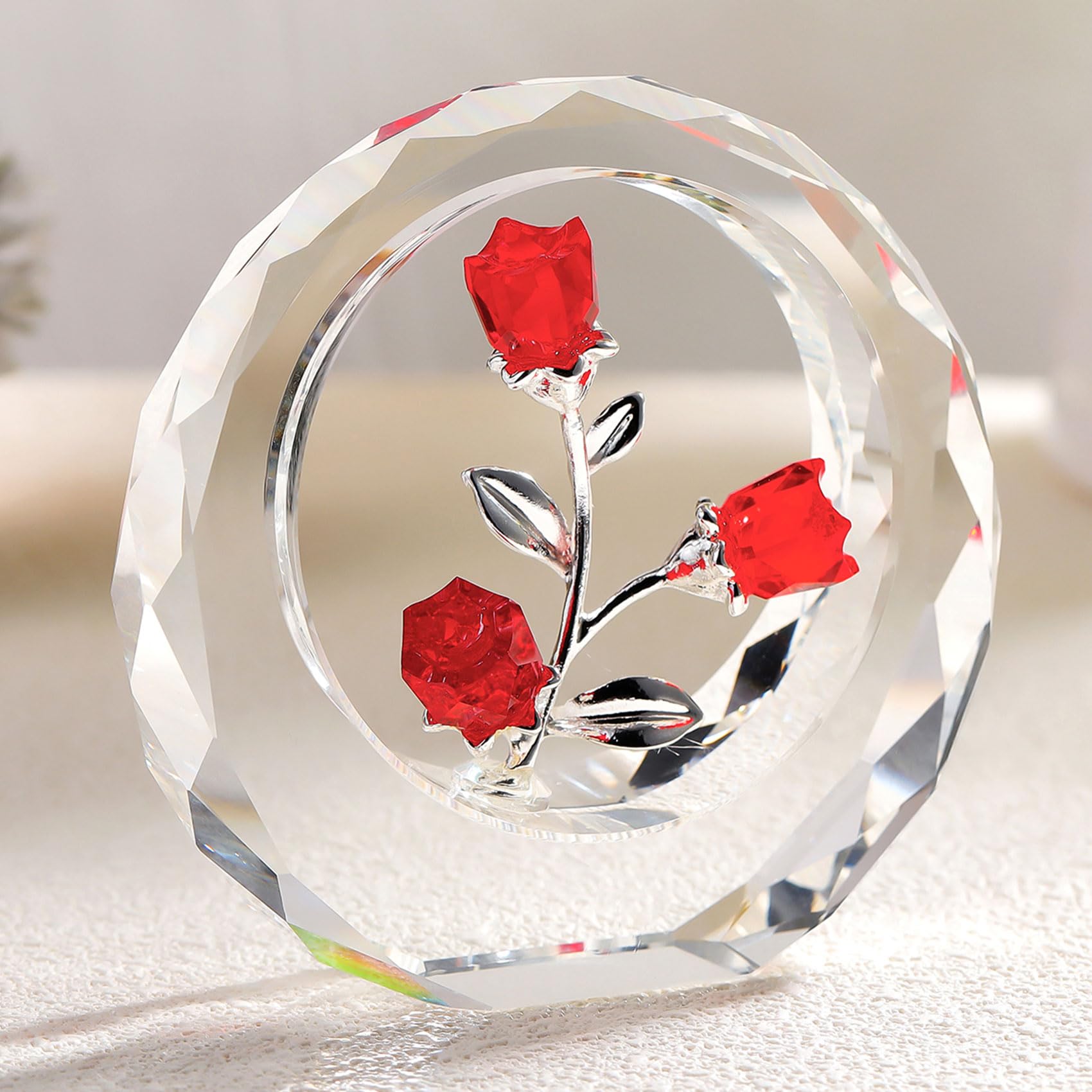 Crystal Red Rose Blossom Flower Figurine Gifts for Her, Forever Glass Rose Bouquet Collectible Paperweight Romantic Gift Idea for Women Wife Valentine's Anniversary Ornaments (Red)