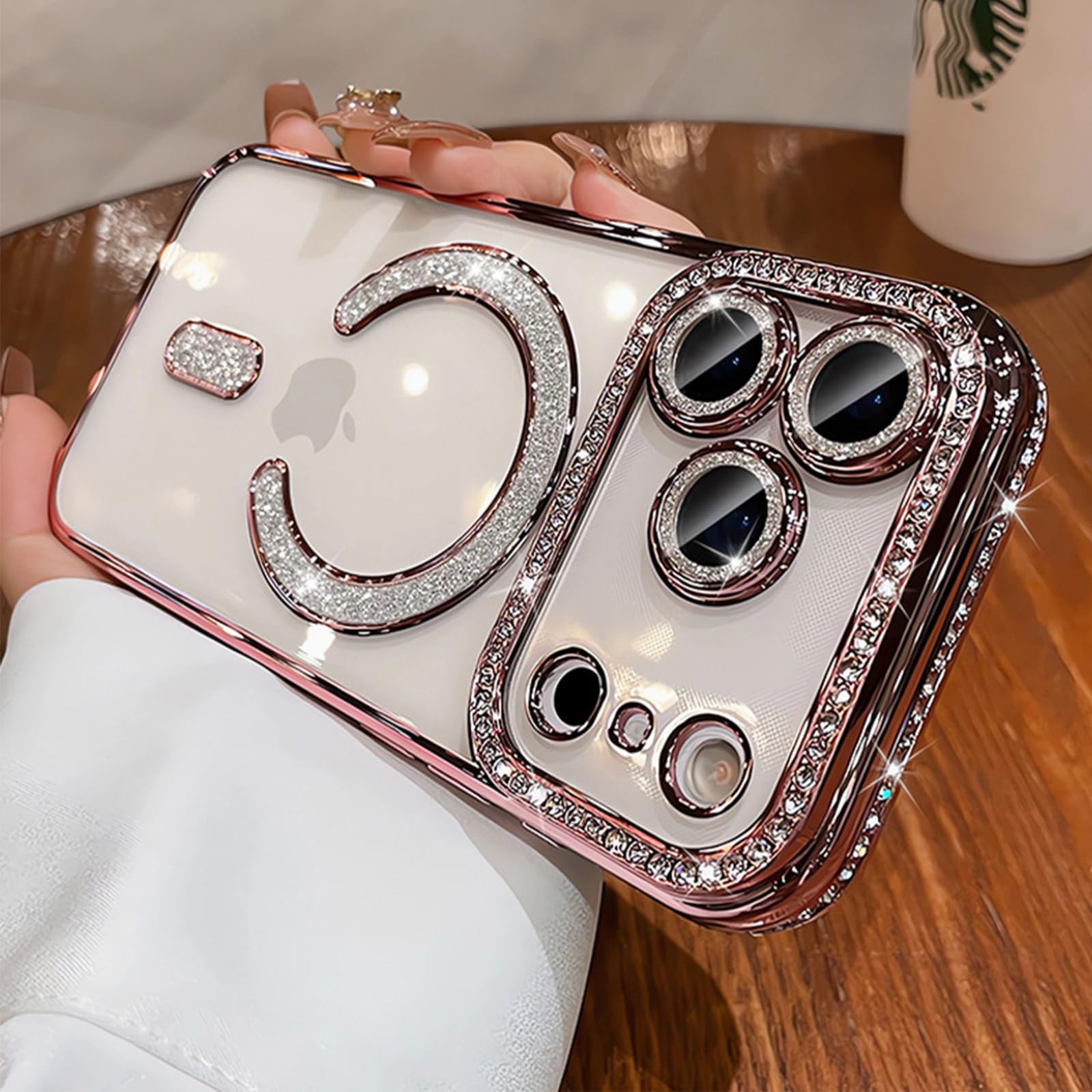 JBJZYZZ Magnetic Clear Glitter Case for iPhone 17 Pro Compatible with MagSafe Diamond Camera Lens Covers Women Cute Clear Glitter Diamond Rhinestone Sparkly Case for iPhone 17 Pro,Pink