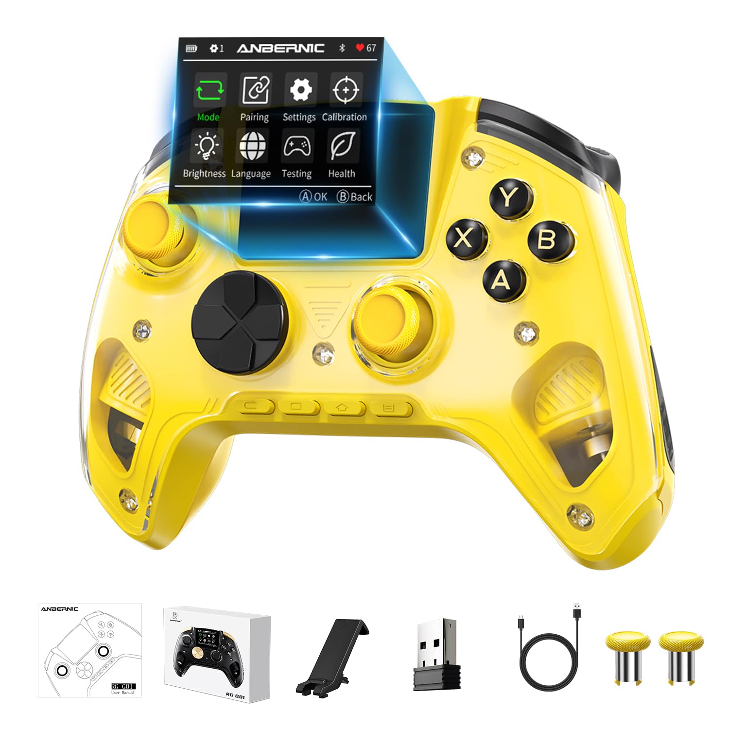 Doriteney RG G01 Wireless Gaming Controller with Heart Rate Monitor & Display, Hall Effect Triggers, Programmable Back Buttons for PC, Switch, Steam, Android, iOS - 2.4G/Bluetooth/Wired Black
