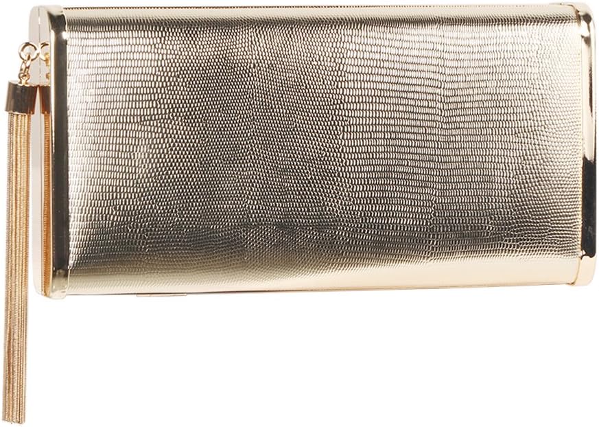 M10M15 Women Gold Clutch Evening Bags with Metal Tassel and Metallic PU for Party