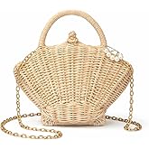 Tarvione Shell Purse Rattan Clutch Woven Shell Shape Crossbody Shoulder Bag Straw Beaded Seashell Handbag with Pearl Beads