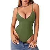 Rooscier Women's Deep V Neck Spaghetti Strap Sleeveless Sexy Going Out Bodysuits
