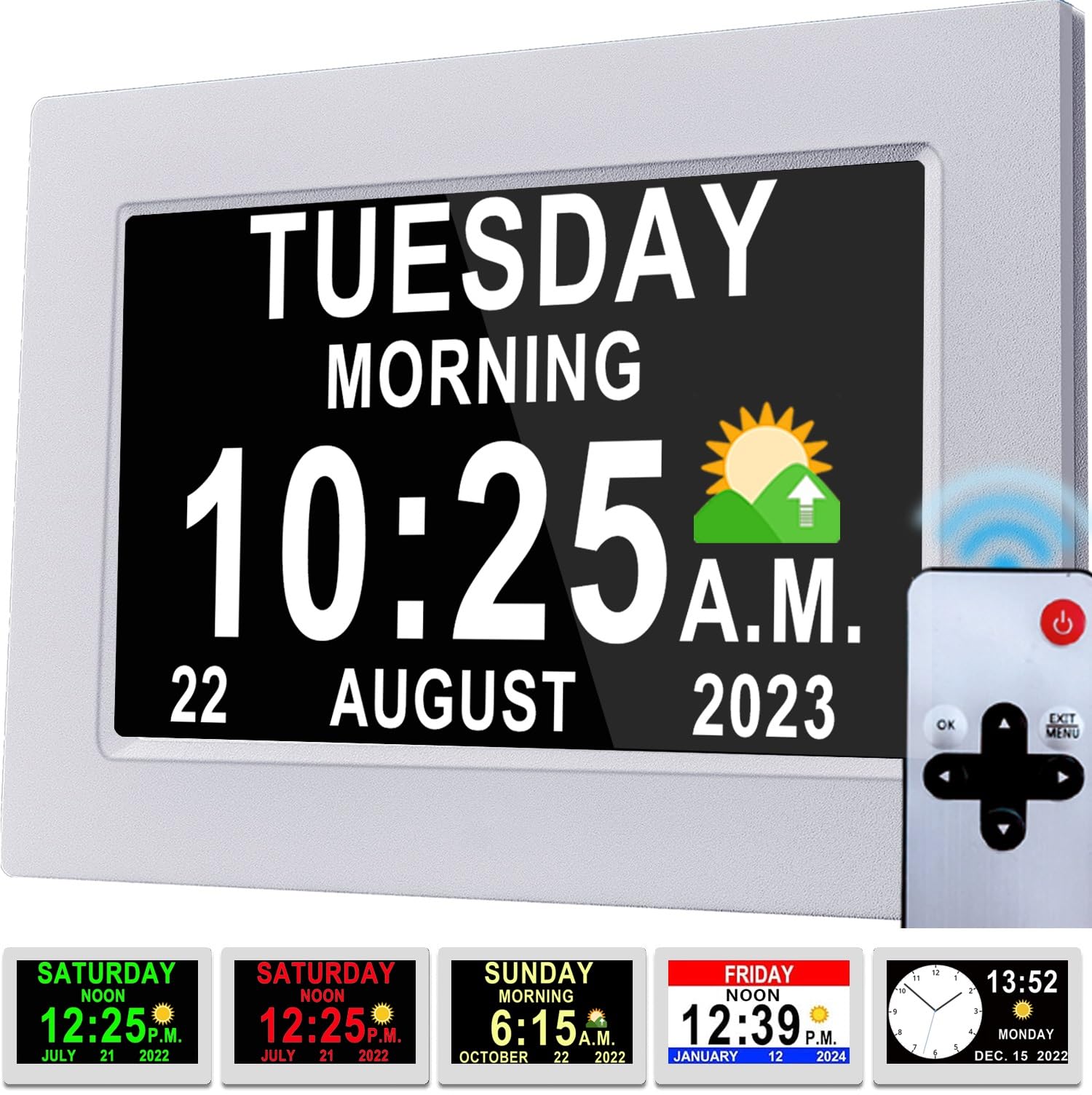 Véfaîî Dementia Clock 2.0 with Auto DST, 20 Custom Reminders, Day Clock with Sun/Moon icons for Elderly, Sleep Trainer, 7" with Remote & HD Picture Frame — image 1