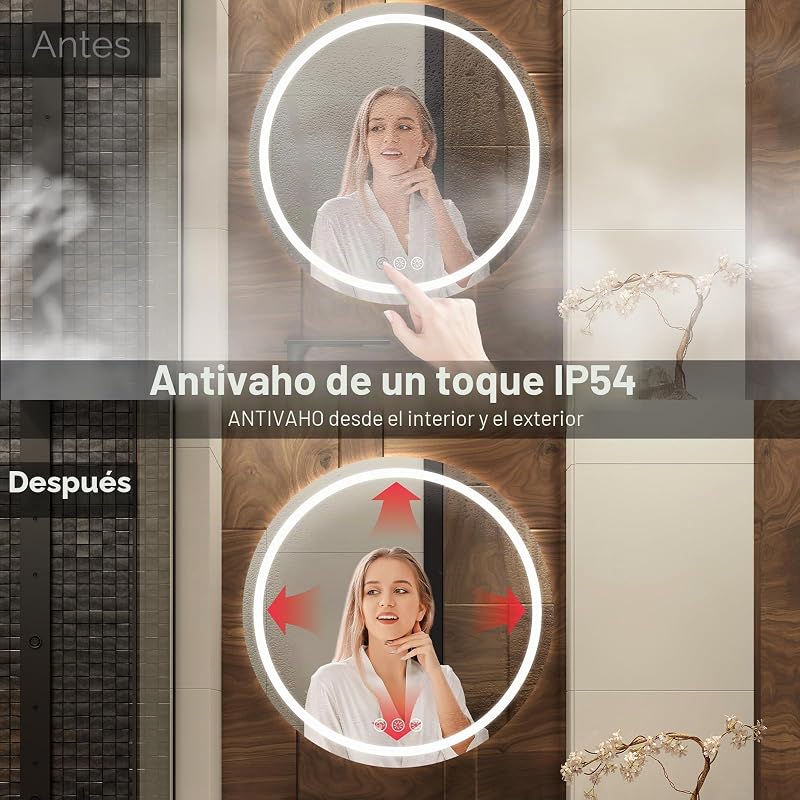 Espelho de casa de banho LED de 60 cm com luz redonda, luz de 3 cores, antiembaçador — foto 5 de 8