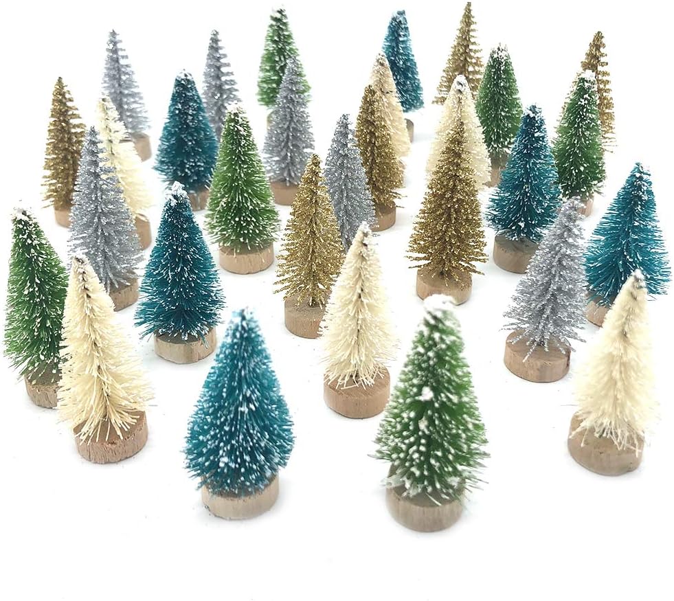 Mini Christmas Trees 30Pcs Miniature Snow Frosted Sisal Trees Glittery Pine Trees Xmas Ornaments Bottle Brush Trees Desktop Mini Decoration Trees for Christmas Projects Fairy Garden Snow Globes