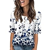 Womens Summer Tops Elbow Sleeve Tops Women Button Down T Shirts Scoop Neck Striped Floral Blouses Dressy Casual