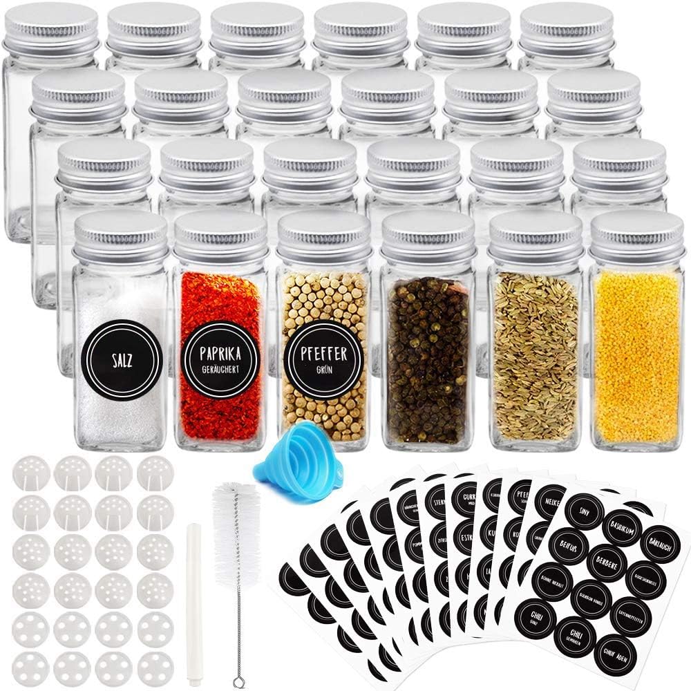 Auckpure Gewürzgläser - 24 Gewürzglas und 144 Runde Etiketten Wiederverwendbares Gewürzbehälter Vorgedruckte Deutsche Etiketten