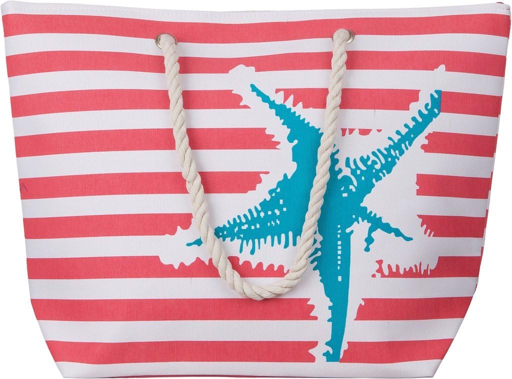 Large Water Resistant Canvas Striped Beach Bag - Inside Lining, Zippered Inner Pocket, Top Handle (Salmon White)
