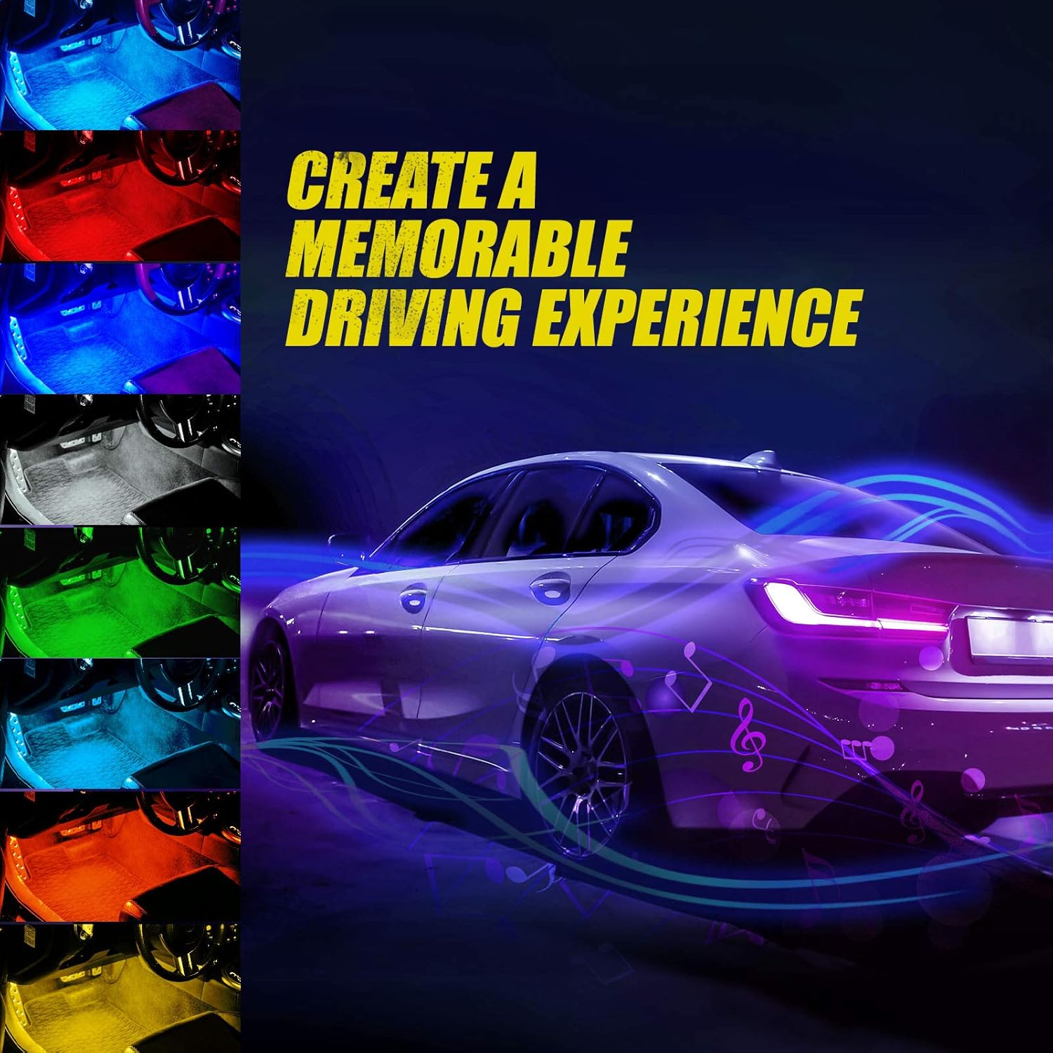 OPT7 Interior Car Lights LED Strip Kit, Aura Choice, 48 LEDs Multi-Color, Soundsync, Show Patterns, and Remote-Accent Underdash Footwell Floor, 4pc Single Row: Automotive