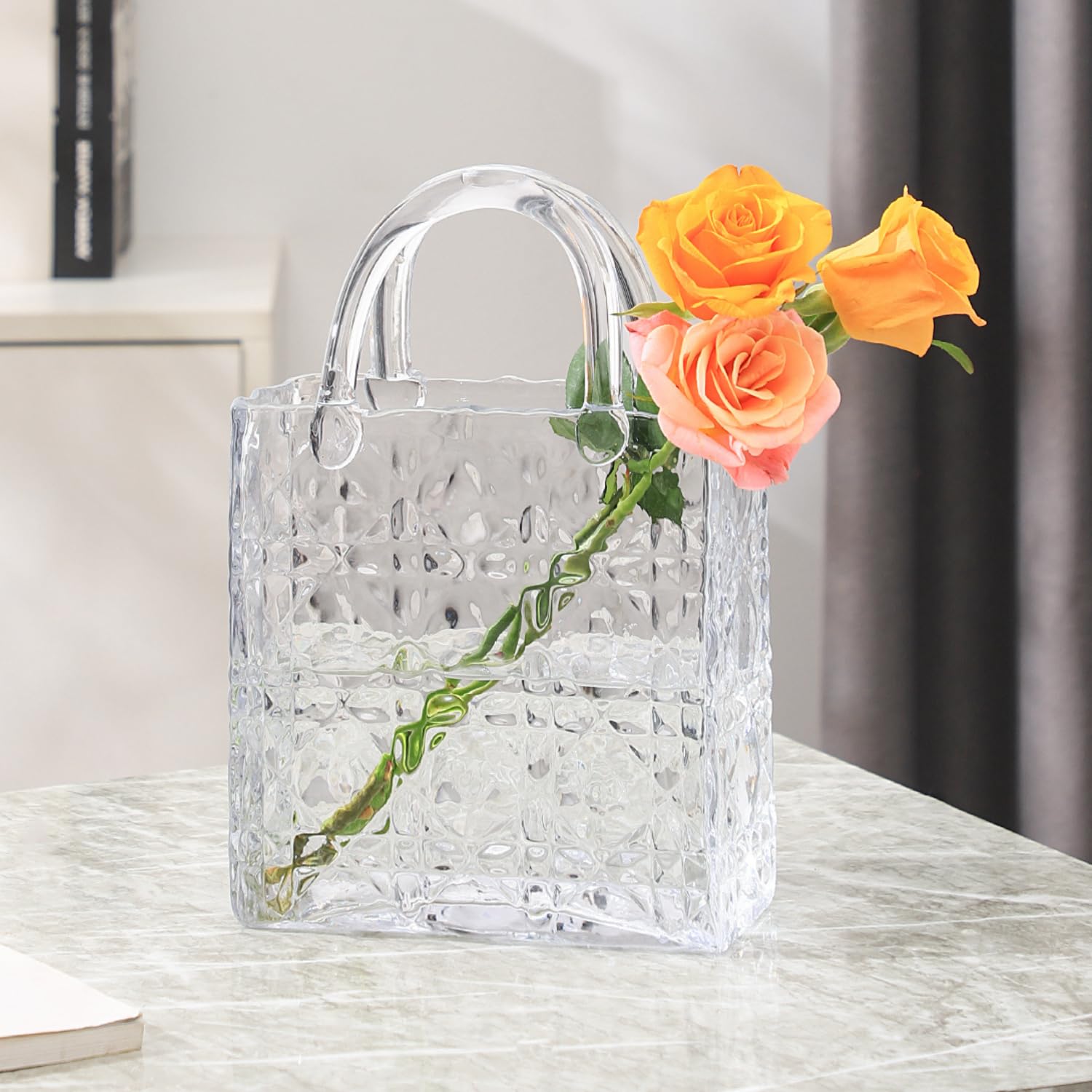 Photo 1 of PORPAN Purse Vase, Glass Bag Vase, Glass Purse Vase for Flowers, Clear Vases, 12 Inch Large Flower Vase with Embossed Pattern for Wedding, Living Room, Bedroom, Table, Office(Tote)