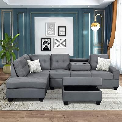 Merax 3-Seat Sectional Sofa with Chaise Lounge and Ottoman, Grey