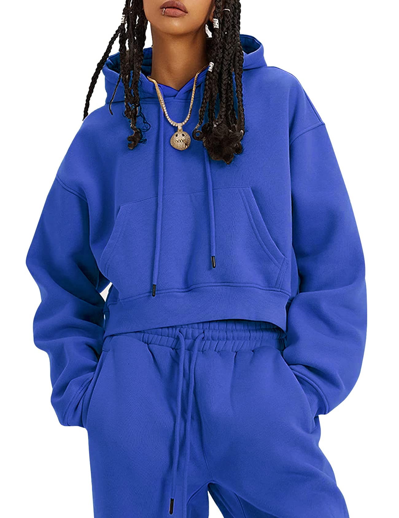 Photo 1 of **Top Only** COZYPOIN Womens Fleece 2 Piece Outfits Sweatsuit Crop Top and Pants Hoodie Tracksuit Set(Blue-XL)