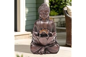 Autodaya 18.9" H Buddha Outdoor Water Fountain with LED Lights and Pump,Zen Style Relaxing Garden Fountain Waterfall for Patio, Porch, or Yard, Faux Bronze