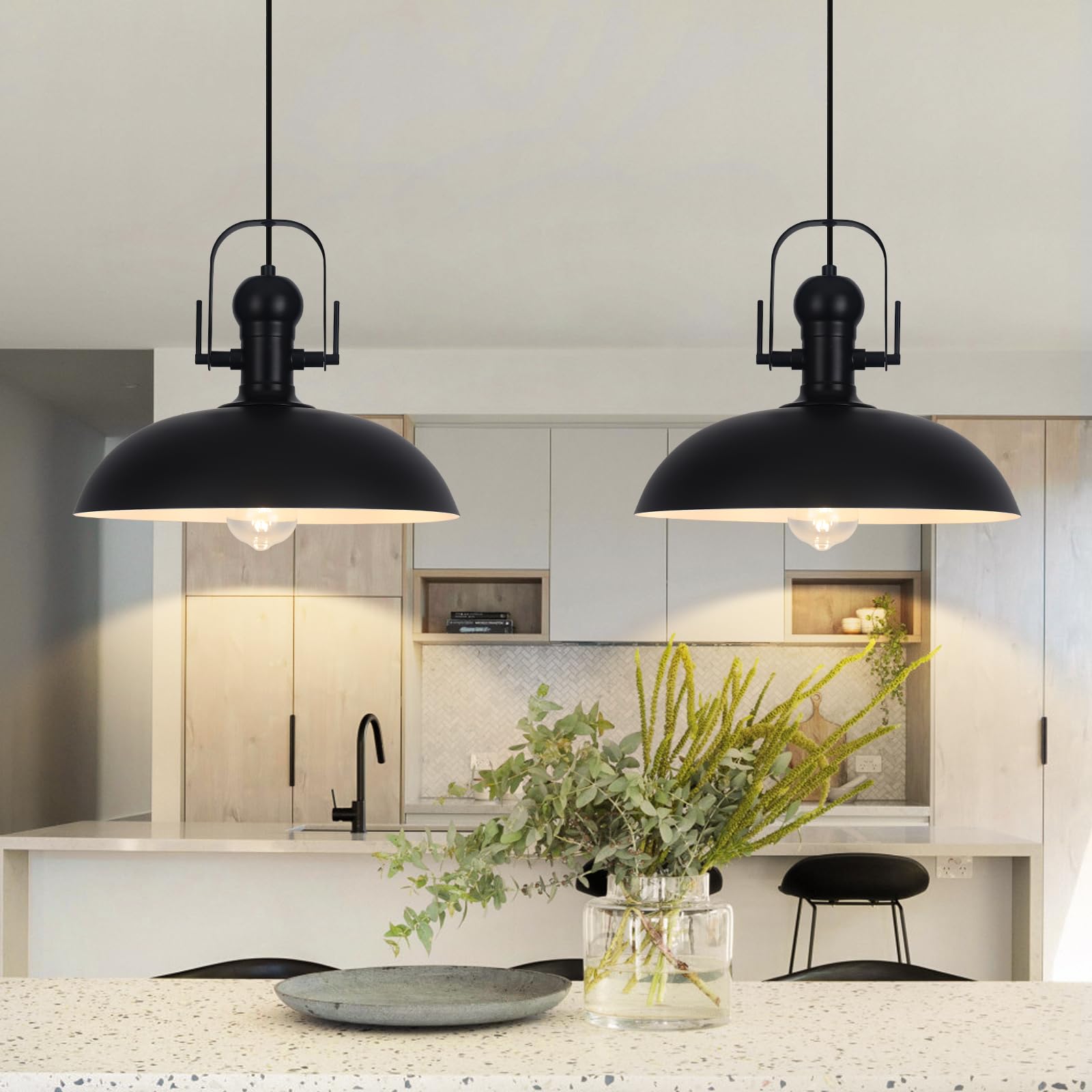 Photo 1 of GUIHUALOVE Black Pendant Lights Kitchen Island 2 Pack, Dome Pendant Light 13.8" W, Black Farmhouse Pendant Light for Kitchen Barn Hallway Porch Dining Room