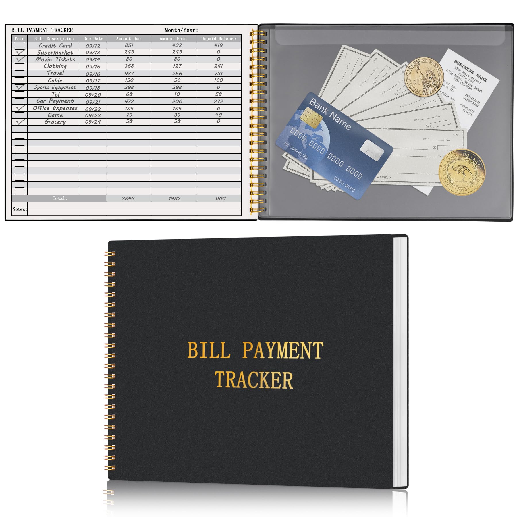 HAUTOCO Bill Payment Tracker: Bill Tracker Notebook for Financial Budgeting, Monthly Bill Payment Organiser Log Book for Small Business & Personal Expenses - 120 Pages, Black