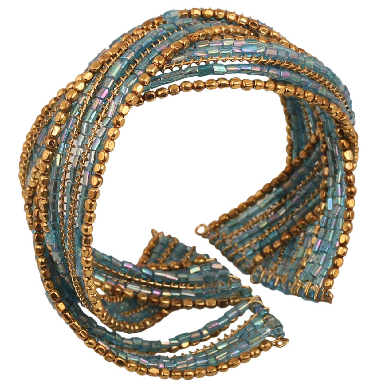 Touchstone New Indian Bollywood Desire Beautiful Beaten Brass Blue Glass Pipe Beads Wrist Decorative Designer Jewelry Cuff Bracelet in Antique Gold Tone for Women — image 1