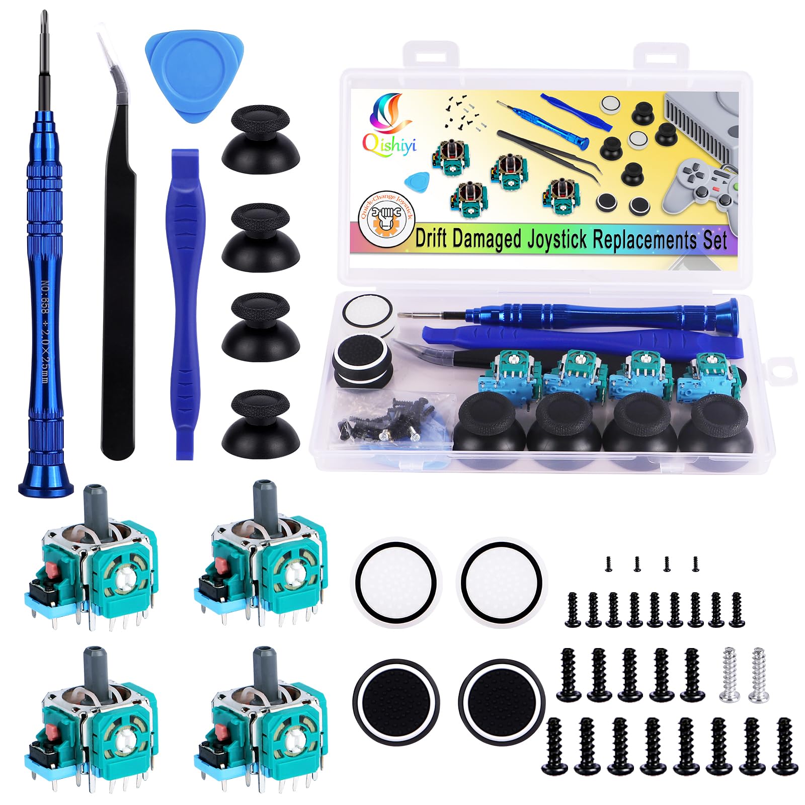 Qishiyi 4PCS 3D Analog Joystick Replacement kit for PS5 Controller,Thumbsticks Repair Tool Kit with Repair Screwdriver Kit for Playstation 5 DualSense Wireless Controller