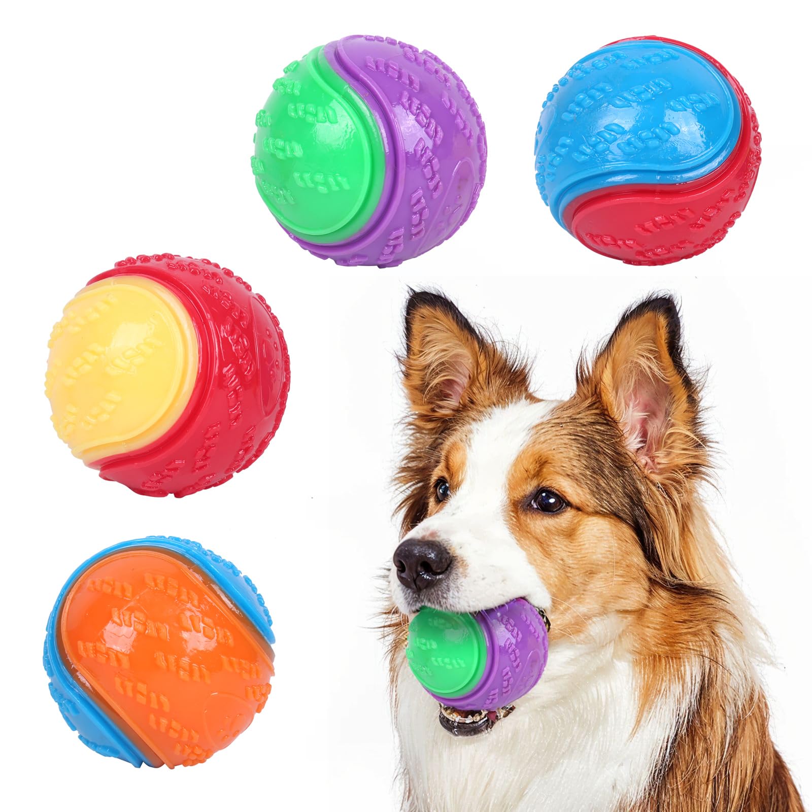 4Pcs Squeaky Rubber Chew Balls - Teeth Cleaning Toys for Puppy, Large & Medium Dogs, Interactive Bouncy Ball for Relieving Anxiety & Boredom Training (4 Colors)