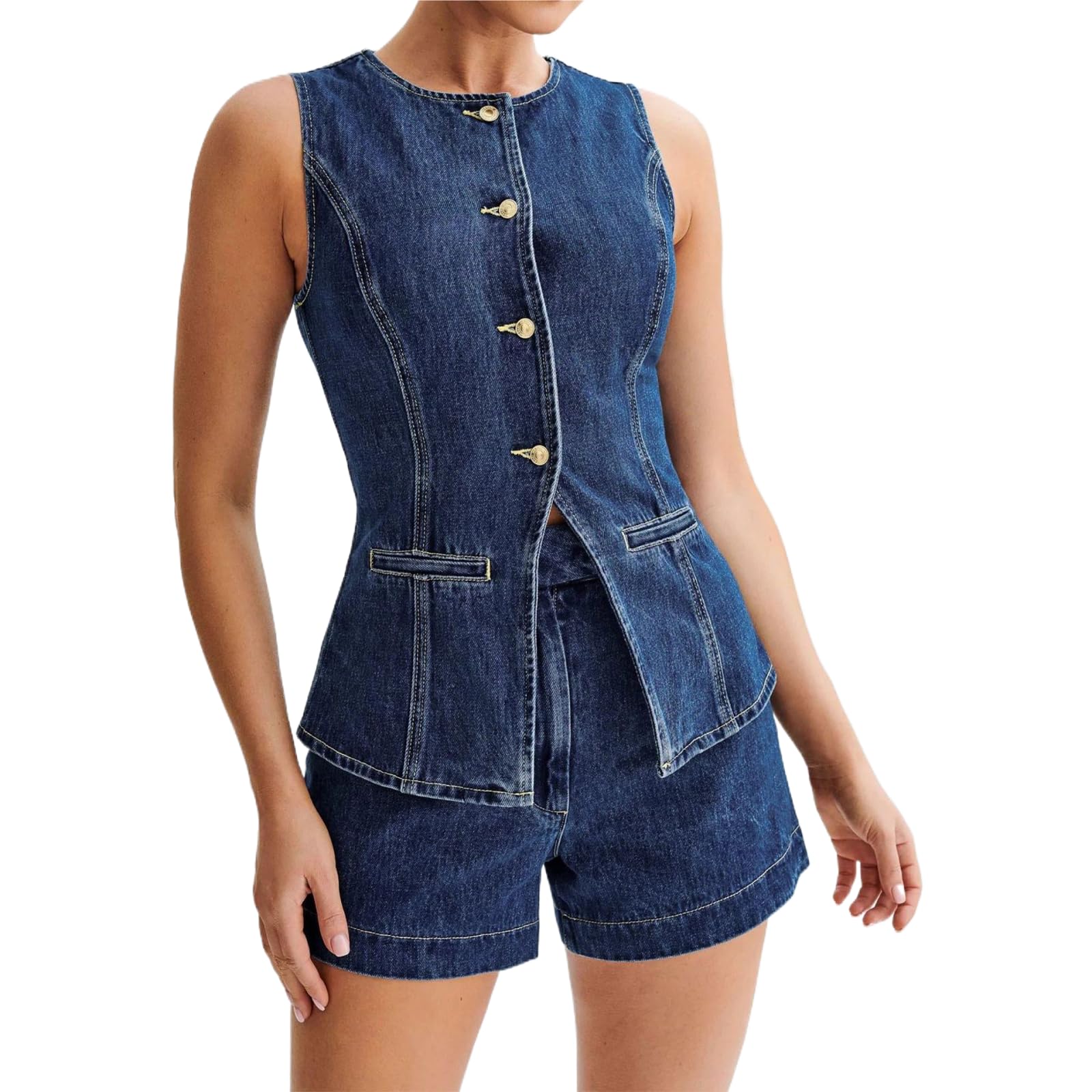 Photo 1 of * Only the Vest* Bowanadacles Woman Summer Casual Long Jean Vest Tops Front Button Slit Slim Denim Waistcoat Crew Neck Sleeveless Packet Top (Blue, XL)