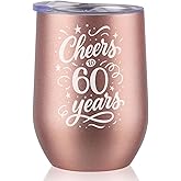 COOZEO 60th Birthday Gifts for Women, Her - Cheers to 60 Years - 12 oz/350 ml Stainless Steel Wine Tumbler with Straw and Lid - Women's Happy 60th Birthday Gifts Ideas - (Rose Gold)