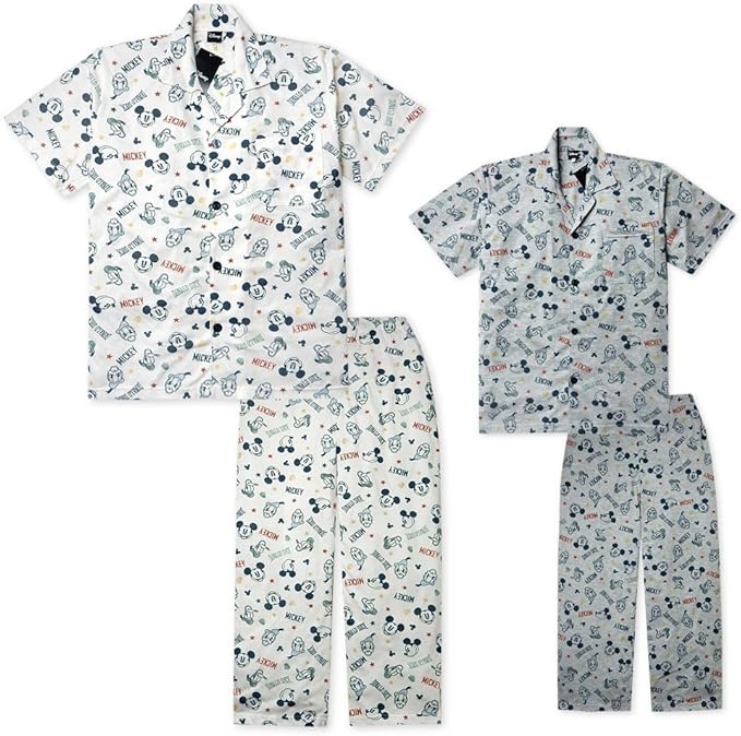 Amazon グレー L メンズ パジャマ 半袖 Disney ディズニー ミッキー 上下組 前開き シャツスーツ キャラプリント 総柄 ロングパンツ 紳士 パジャマ 通販
