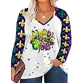 QAUN Plus Size Mardi Gras Shirt: Fat Tuesday Carnival Vneck Tshirt Carnival Outfit Long Sleeve Tops