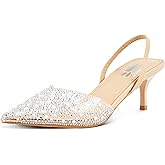 Gradinery Clear Slingback Heels for Women,Pearl Kitten Heels Pointy Toe Sparkly Rhinestone Sandals Wedding Dress Shoes，Apricot 5.5
