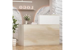 FAMAPY Reception Desk Retail Counter with Lockable Drawer & Shelves, Front Desk Reception Table for Salon Lobby Shop White and Oak 55.1'W x 23.6'D x 43.3'H