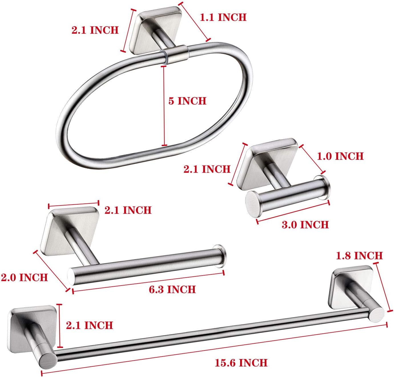 HANEBATH 4-Piece Bathroom Hardware Accessories Set Complete, Brushed Nickel, Wall Mounted Towel Bar, Towel Ring, Toilet Paper Roll Holder, Robe Hook: Home & Kitchen