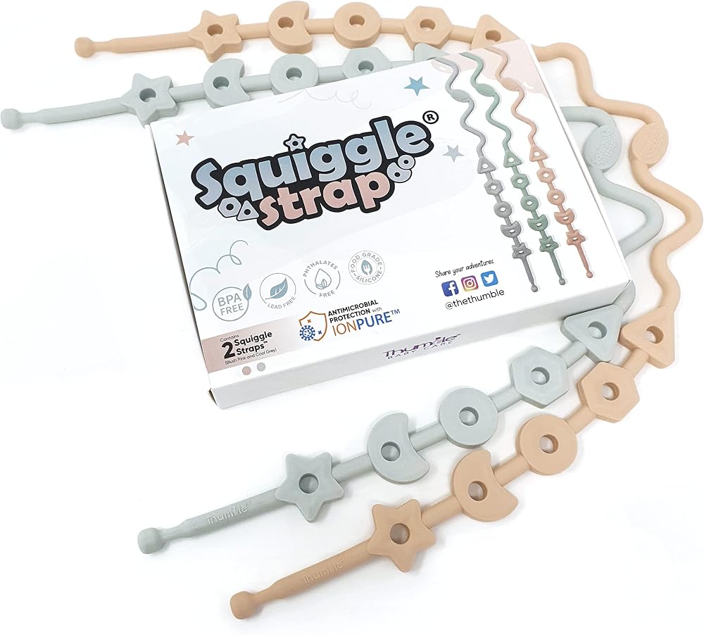 Thumble Squiggle Strap 2pcs Antimicrobial Silicone Toy Clip Food Grade Baby Gym