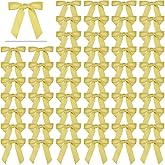 60 Pack Twist Tie Bows for Treat Bags, 2.76" Gold Satin Ribbon Bows Premade Craft Bows for Christmas Craft Gift Wrapping Birthday Cake Baking Wedding Baby Shower Decor