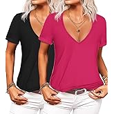 Beyove Sexy Tops for Women Deep V Neck T-Shirt Summer Short Sleeve Going Out Top Vacation Outfits