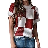 SweatyRocks Women's Cap Sleeve Tops Trendy Color Block Crew Neck Casual Sweaters Short Sleeve Knit Pullover Tops