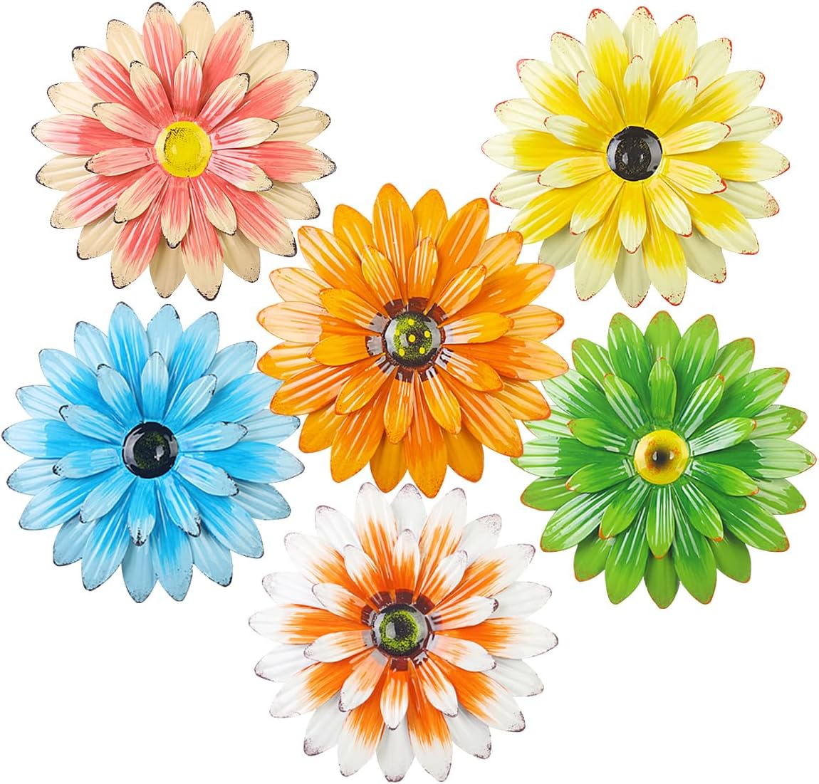 Plaques & Wall Art - 6 Pieces Metal Flowers Outdoor Decor, 8 Inch Wall Art 3D Daisy Decor Multiple Layer Farmhouse Boho Style Metal Art for Indoor Outdoor Home Living Room Office Garden Porch Decor