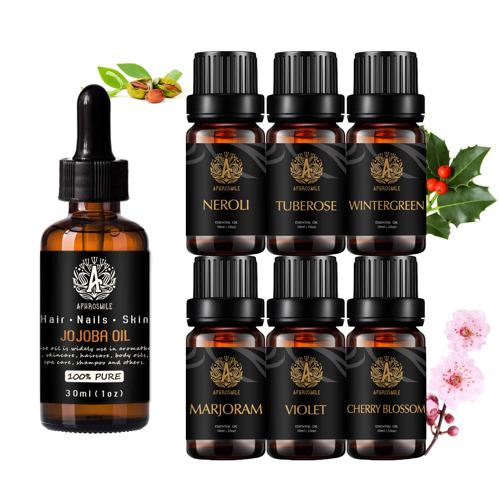 Aromatherapy Cherry Blossom Essential Oil Set for Diffuser, 100% Pure Jojoba Essential Oil, 7x10ml 100% Pure Tuberose Essential Oils Set - Neroli, Wintergreen, Violet, Marjoram Oils for Massage