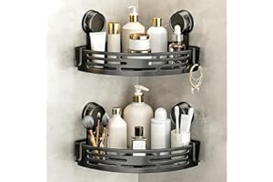 Triangle Suction Cup Shower Caddy, No-Drill Bathroom Corner Shelf with Hooks, for Bathroom, Shower (2 PCS-Black)