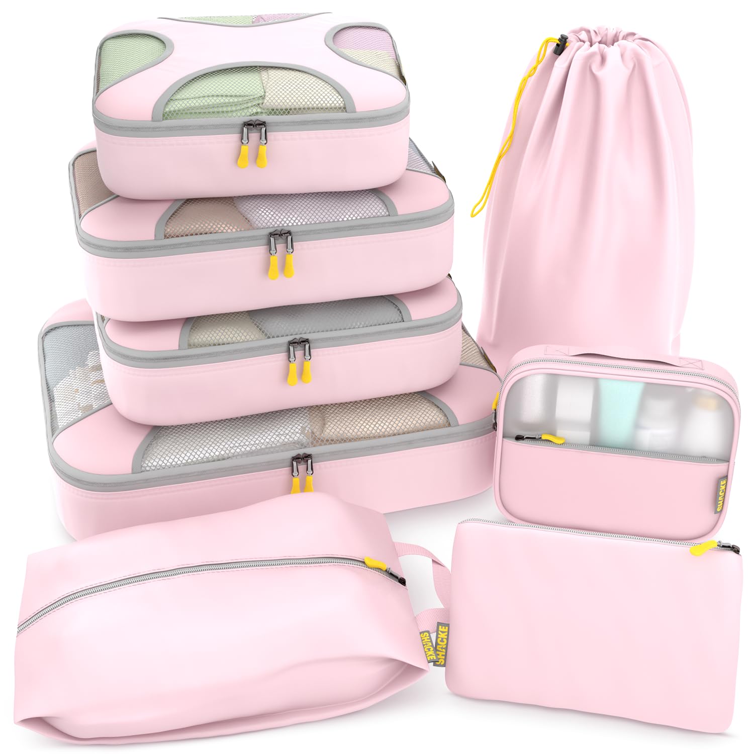 Shacke Shacke Premium 8 Packing Cubes Set - Lightweight Mesh Travel Luggage Organizers with Laundry Bag, 8-Piece Suitcase Storage System (Petal Pink)