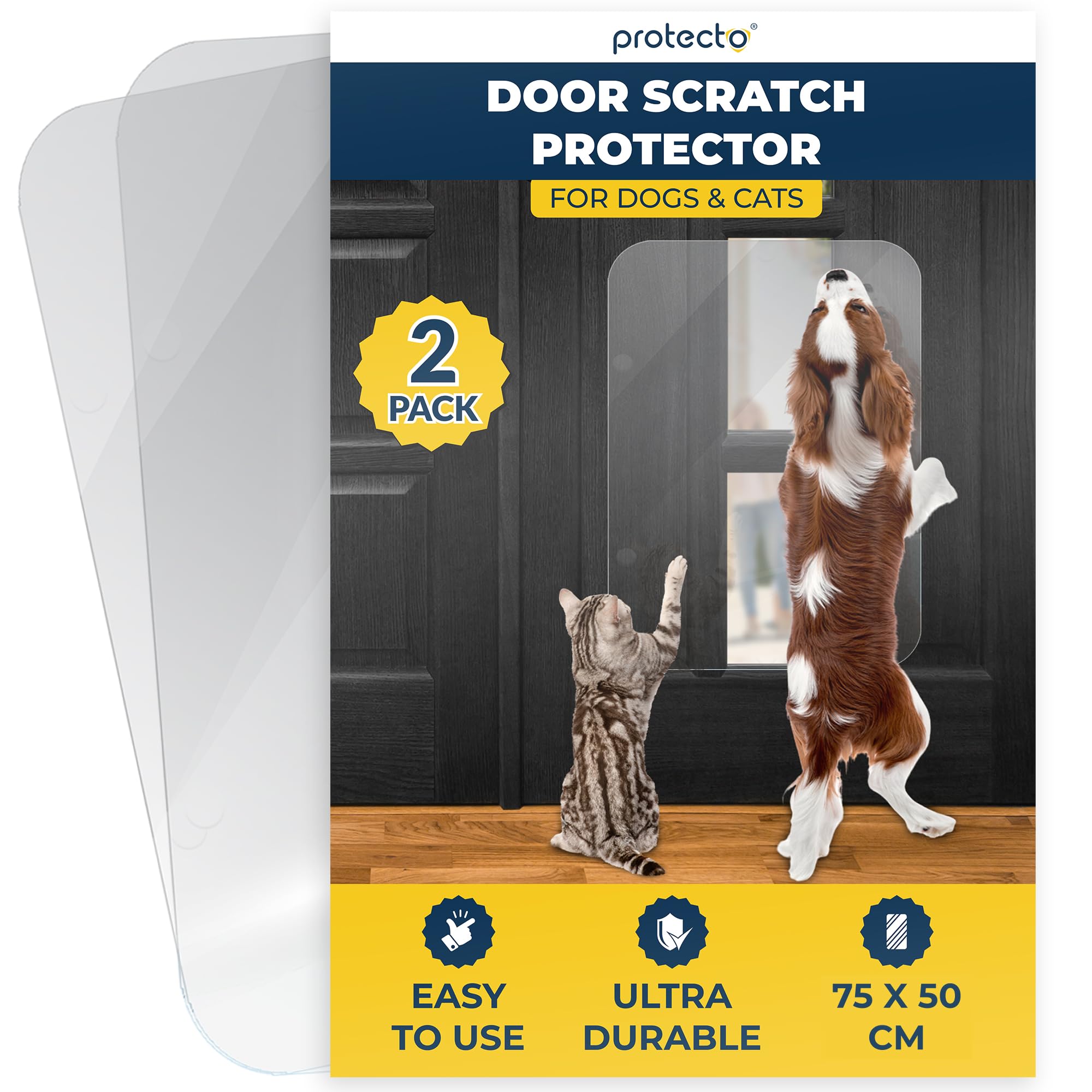 PROTECTO 2-Pack Ultra Durable Door Protector for Dogs – 75x50 cm Clear Cat Scratch Protector | Easy to Install Anti Scratch Door Guard for Dogs and Cats - Protection for Furniture, Walls and Windows