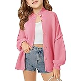 Haloumoning Girls Button Down Cardigan Mock Neck Lantern Long Sleeve Sweater Chunky Knit Outerwear Jacket 5-14Y